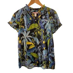 Banjanan Shirt Womens XS Blue Ruffle Gauzy Bird Breezy Tropical Resort Vacation